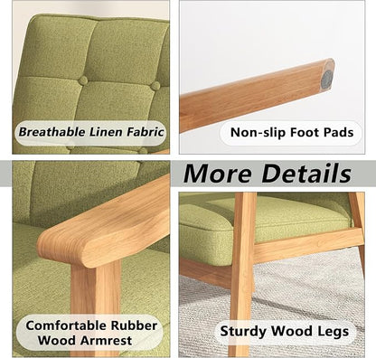 Modern Accent Chair with Wooden Table, Upholstered Linen Fabric Leisure Chair Comfy Side Chair with Backrest Button and Arm Rest for Living Room Bedroom Reading(Green)