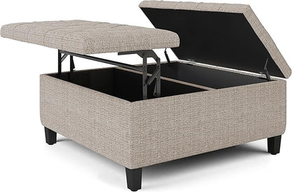 SIMPLIHOME Harrison Coffee Table Storage Ottoman - 36 inch Wide Upholstered Tweed Look Fabric Square Lift-Top Ottoman in Platinum, Transitional Ottoman for Living Room with Hidden Storage