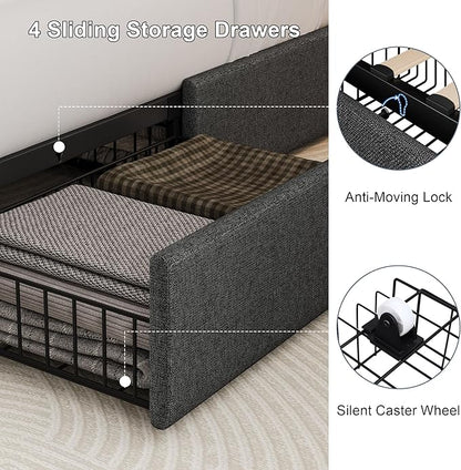 Queen Size Upholstered Platform Bed Frame with 4 Storage Drawers and Charging Station, Linen Button Tufted Wingback Headboard, Sturdy Wooden Support Slats, No Box Spring Needed, Dark Grey