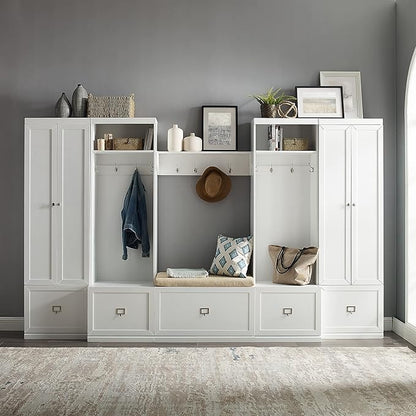 Crosley Furniture Harper 6-Piece Hall Tree, Storage Cabinet, Shoe Rack Bench, and Wall Shelf Set with Hooks, White