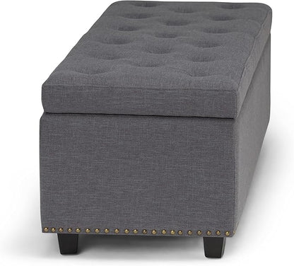 SIMPLIHOME Hamilton 48 inch Wide Transitional Rectangle Storage Ottoman in Slate Grey Linen Look Fabric, Assembled, For the Living Room, Entryway and Family Room