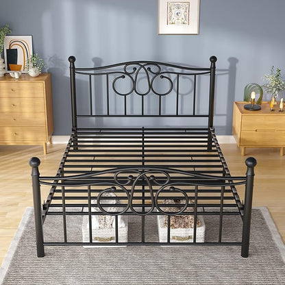 Metal Queen Single Bed Frame with Scroll Design, 82.7" in Steel Bed Frame with Protective Foot Pads, Strong Bearing Capacity Queen Size Bed, Easy Assembly, Underbed Storage Space（43.3 inch）