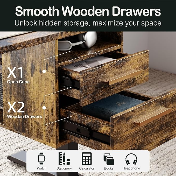 Standing Desk with 4 Drawers, 47.2 x 23.6 Inch Whole Piece Height Adjustable Electric Sit Stand Desk, Computer Home Office Workstation with Open Storage Shelf, Rustic Brown