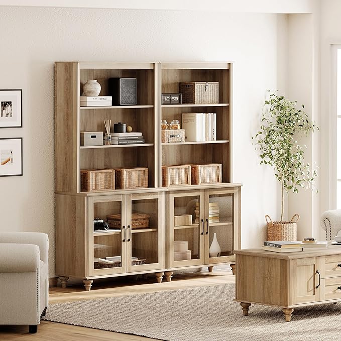 WAMPAT 5 Tier Bookshelf 72" Tall Bookcase with Glass Doors,Large Farmhouse Display Book Shelf with Adjustable Shelves and Storage Cabinet，Library Wood Bookshelves for Living Room,Kitchen, Oak(2PCS)