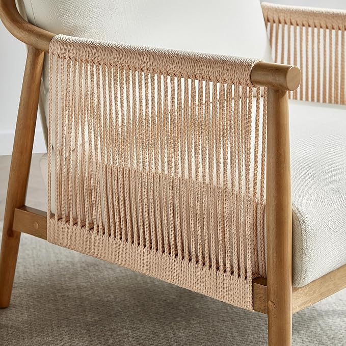 CHITA Braid Accent Chair, Modern Armchair with Solid Wooden Armrest for Living Room and Bedroom, Boho Reading Chair, Cream