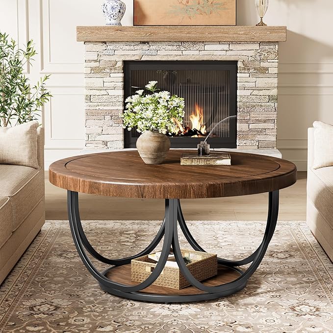 Tribesigns Round Coffee Table with 2 Tiers, 33.5" Wooden Circle Accent Cocktail Table with Storage Shelf and Metal Frame, Industrial Center Tables for Living Room, Brown & Black