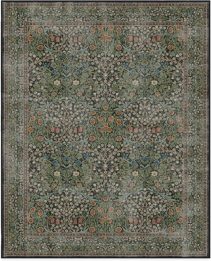 RUGGABLE x Morris & Co Washable Area Rug – Blackthorn Forest Green 8x10, Stain-Resistant, Non-Slip – Large Machine Washable Rugs for Living Room, Bedroom, Hallway, Entryway & Office–with Standard Pad