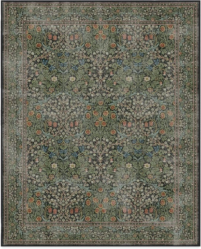 RUGGABLE x Morris & Co Washable Area Rug – Blackthorn Forest Green 8x10, Stain-Resistant, Non-Slip – Large Machine Washable Rugs for Living Room, Bedroom, Hallway, Entryway & Office–with Standard Pad