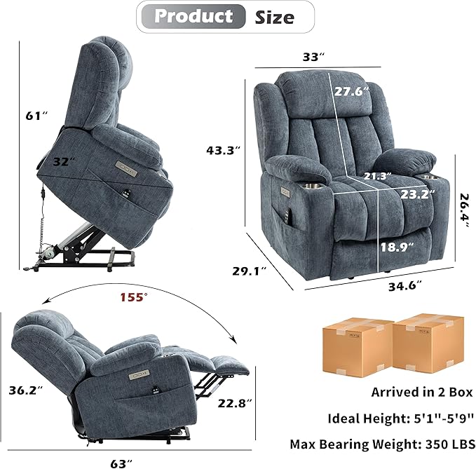 Power Lift Chair for Elderly, Electric Recliner Chair with 8-Point Vibration Massage and Lumbar Heating, Charging Ports, Cup Holders - Blue