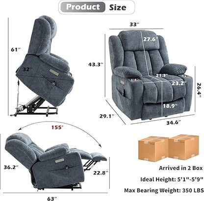 Power Lift Chair for Elderly, Electric Recliner Chair with 8-Point Vibration Massage and Lumbar Heating, Charging Ports, Cup Holders - Blue