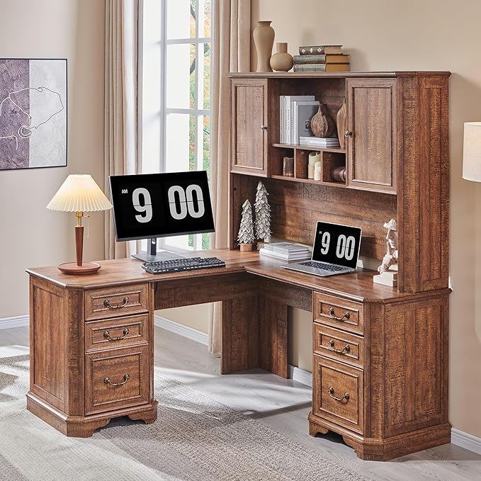 T4TREAM L Shaped Desk with Hutch,59" Farmhouse Wood Home Office Executive Desk,Charging Station,File Drawer, Storage Cabinet,Computer Desk for Work and Study (Reclaimed Barnwood)