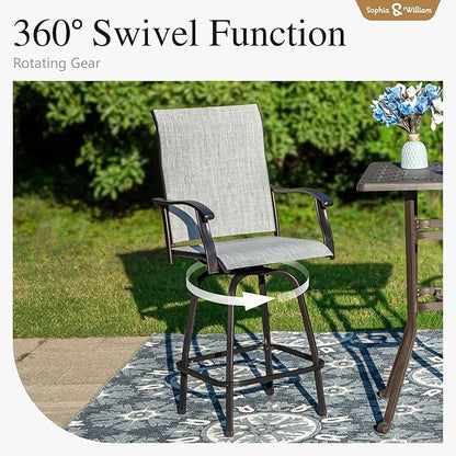 Sophia & William Swivel Bar Stools Set of 2, Bar Height Chairs, Outdoor Bar Chairs, High Top Patio Chairs, Supports 300 lbs (Grey Fabric)