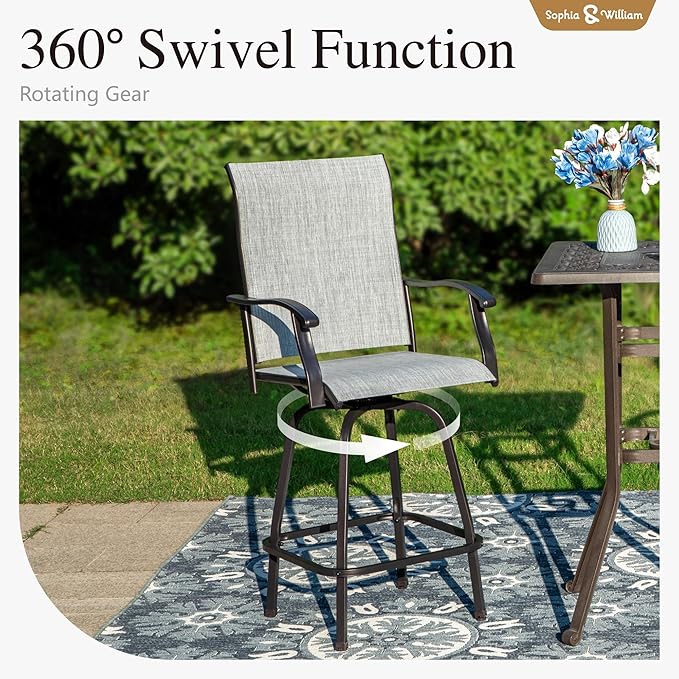 Sophia & William Swivel Bar Stools Set of 4, Bar Height Chairs, Outdoor Bar Chairs, High Top Patio Chairs, Supports 300 lbs (Grey Fabric)