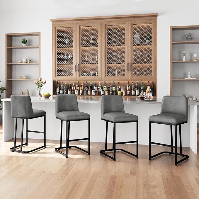 Yaheetech Counter Height Bar Stools 24'' Bar Stools Set of 2 Leather Bar Chairs Modern Upholstered Barstools with Back for Kitchen Counter Gray