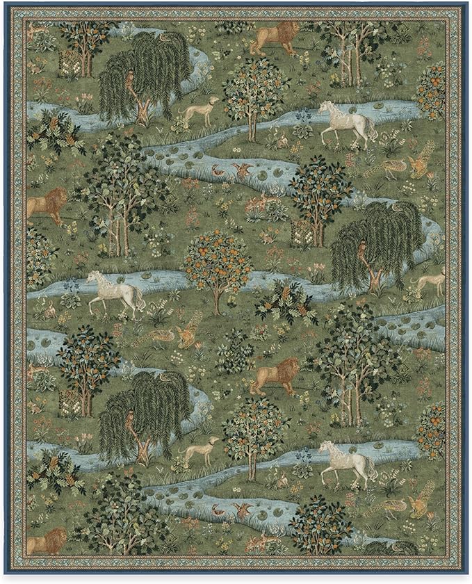 RUGGABLE x Morris & Co Washable Area Rug – Owl & Willow Green 8x10, Stain-Resistant, Non-Slip – Large Machine Washable Rugs for Living Room, Bedroom, Hallway, Entryway & Office–with Standard Pad