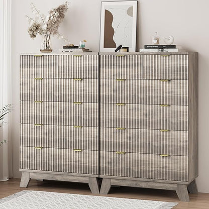Fluted Dresser for Bedroom with 6 Drawers, 46" Tall Modern Chest of Drawers with Metal Handle, Wooden Dresser TV Stand, Wood Closet Clothes Storage Organizer for Living Room, Hallway, Grey