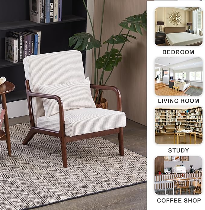 Accent Chairs, Mid-Century Modern Chair with Pillow, Armchair with Solid Wood, Reading Relaxing Leisure Chair for Living Room（Beige/Walnut）