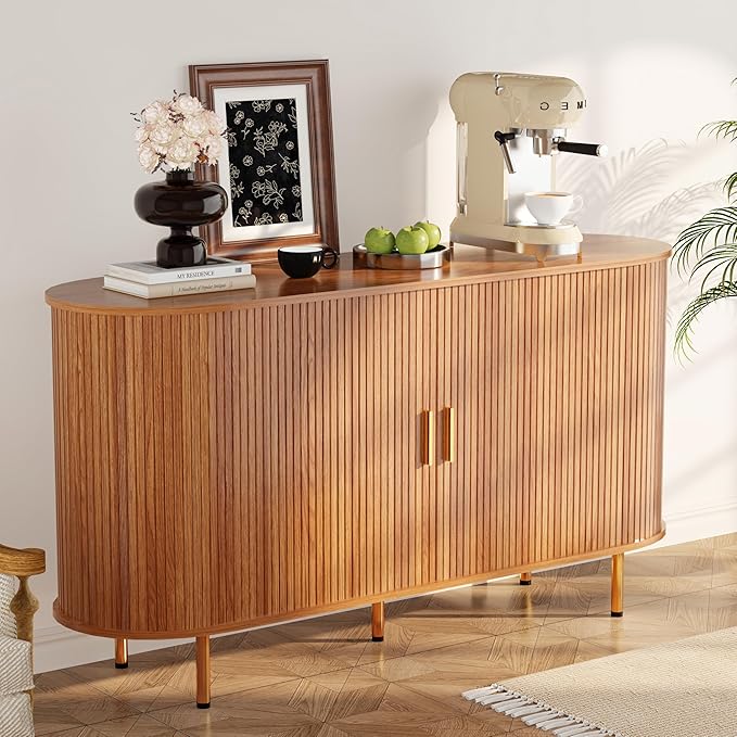 DHH Storage Cabinet, Fluted Sideboard Buffet Cabinet with Tambour Sliding Doors& Adjustable Shelf, Accent Coffee Bar Console Table for Kitchen, Living Room, Entryway (Yellow Walnut 55 Inch)