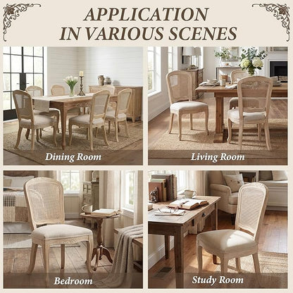 Wicker Dining Chairs Set of 4, Upholstered Linen Fabric Dining Room Chairs with Square High Rattan Back Farmhouse French Kitchen Chairs for Dining Table/Living Room/Restaurant, Cream