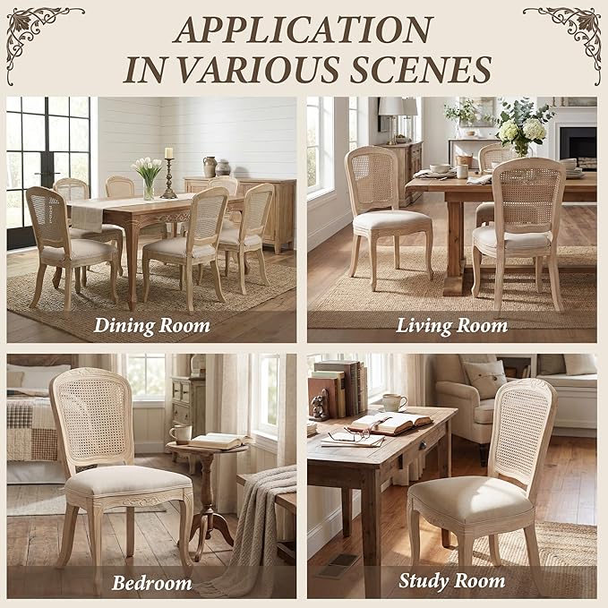 Wicker Dining Chairs Set of 6, Upholstered Linen Fabric Dining Room Chairs with Square High Rattan Back Farmhouse French Kitchen Chairs for Dining Table/Living Room/Restaurant, Cream