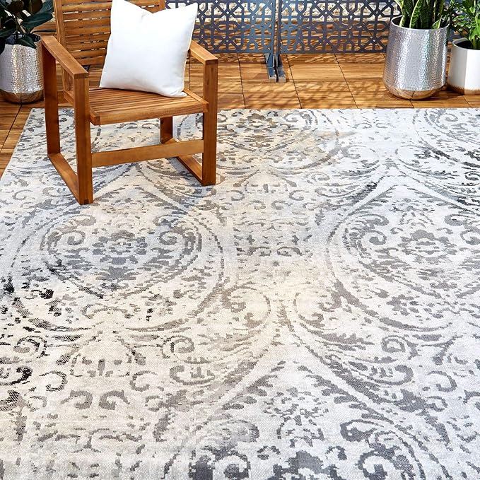 Home Dynamix Nicole Miller Patio Sofia Juniper Indoor/Outdoor Area Rug 7'9"x10'2", 4151-123, Distressed Damask Ivory/Gray Juniper
