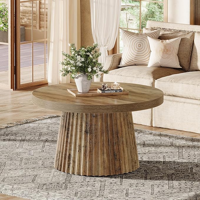 Tribesigns Coffee Table, 31.5" Small Farmhouse Round Coffee Tables with Fluted Drum Base, Mid Century Modern Boho Accent Center Table for Living Room, Apartment, Small Space, Brown