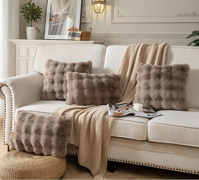 Pack of 2 Thick Plush Throw Pillow Covers Fluffy Wave Faux Fur Decorative Cushion Covers Soft Wool Pillowcase for Sofa Couch Livingroom 22x22 Inch Taupe