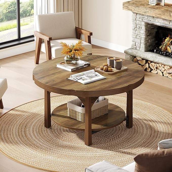 Tribesigns Round Coffee Table, 2-Tier Farmhouse Center Table with Storage Shelf, Rustic Wooden Cocktail Tables for Living Room
