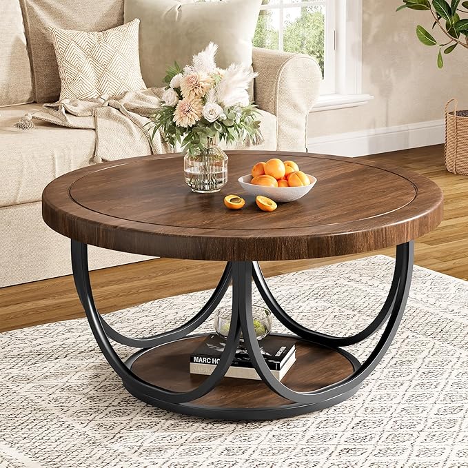 Tribesigns Round Coffee Table with 2 Tiers, 33.5" Wooden Circle Accent Cocktail Table with Storage Shelf and Metal Frame, Industrial Center Tables for Living Room, Brown & Black