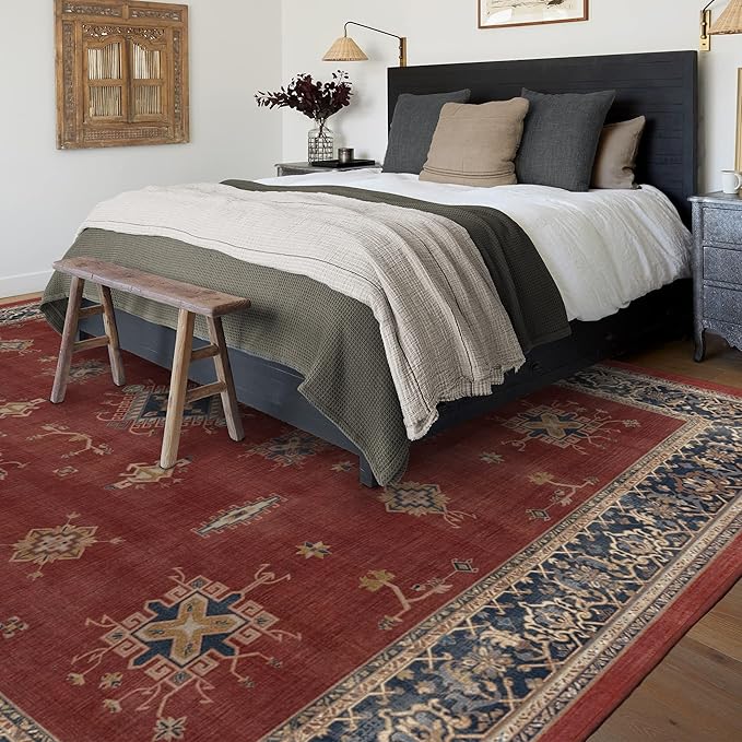 RUGGABLE Washable Vintage Area Rug – Verena Amber Red 9x12, Stain-Resistant, Non-Slip – Large Machine Washable Rugs for Living Room, Bedroom, Hallway, Entryway & Office–with Standard Pad