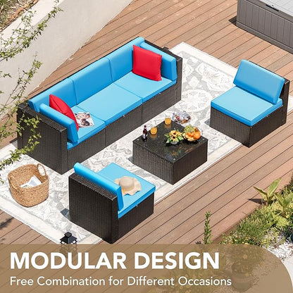 Devoko Patio Furniture Sets 6 Pieces Outdoor Sectional Rattan Sofa Manual Weaving Wicker Patio Conversation Set with Glass Table and Cushion (Blue)