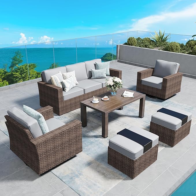 Swivel Glider 6 Piece Outdoor Furniture Set with Swivel Chairs, Wicker Patio Furniture with 4.92" Wide Armrest, 26.3" Deep Seating and 5.5" Thick Cushions, Grey