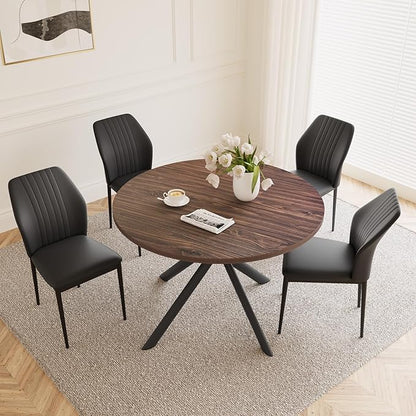45.3'' Walnut Round Dining Table Set for 4, Mid Century Modern Small Coffee Set for Dining Room Kitchen Apartment (Dark Walnut Table + 4 Black Chairs)