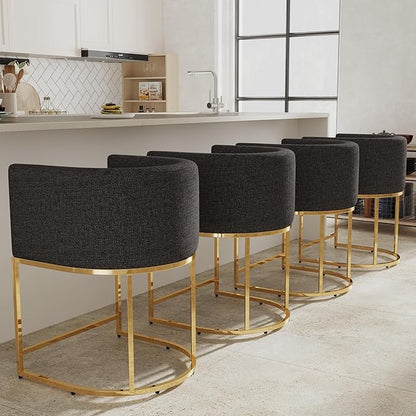 Contemporary Charcoal Linen Bar Stools Set of 4, 24" Upholstered Fabric Counter Height Barstools Kitchen Counter Island Stools with Screwed Together Golden Metal Base