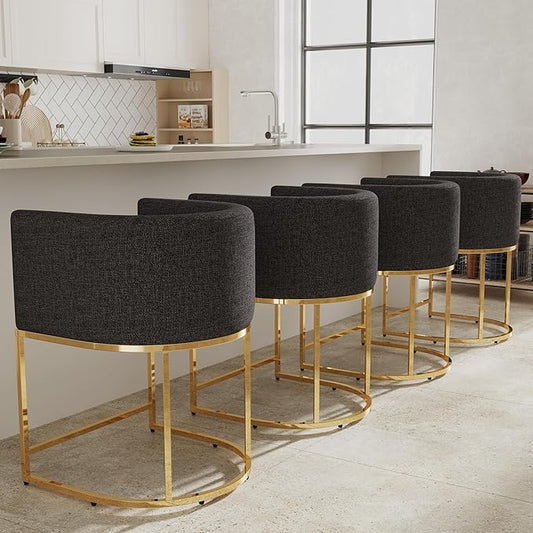 Contemporary Charcoal Linen Bar Stools Set of 4, 24" Upholstered Fabric Counter Height Barstools Kitchen Counter Island Stools with Screwed Together Golden Metal Base