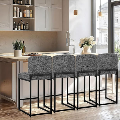 ALPHA HOME 24" Bar Stools Set of 4 Kitchen Counter Stools with Back, Counter Height Stools with Upholstered Footrest for Kitchen Island, Metal Steel Frame, Chenille, Black