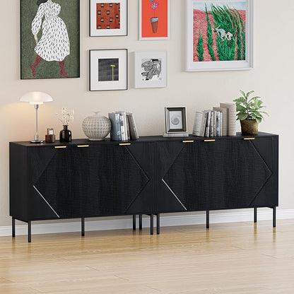 Sideboard Buffet Cabinet Set of 2, Modern Storage Cabinets with Doors and Shelves, Wooden Fluted Cabinet for Living Room, Entryway, Kitchen (2, Embossed Black)