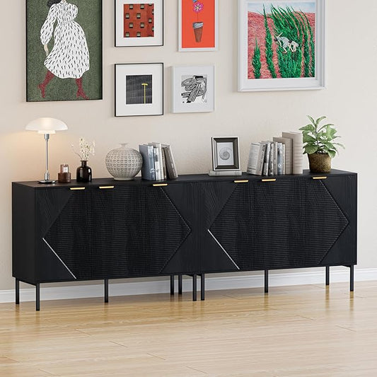 Sideboard Buffet Cabinet Set of 2, Modern Storage Cabinets with Doors and Shelves, Wooden Fluted Cabinet for Living Room, Entryway, Kitchen (2, Embossed Black)