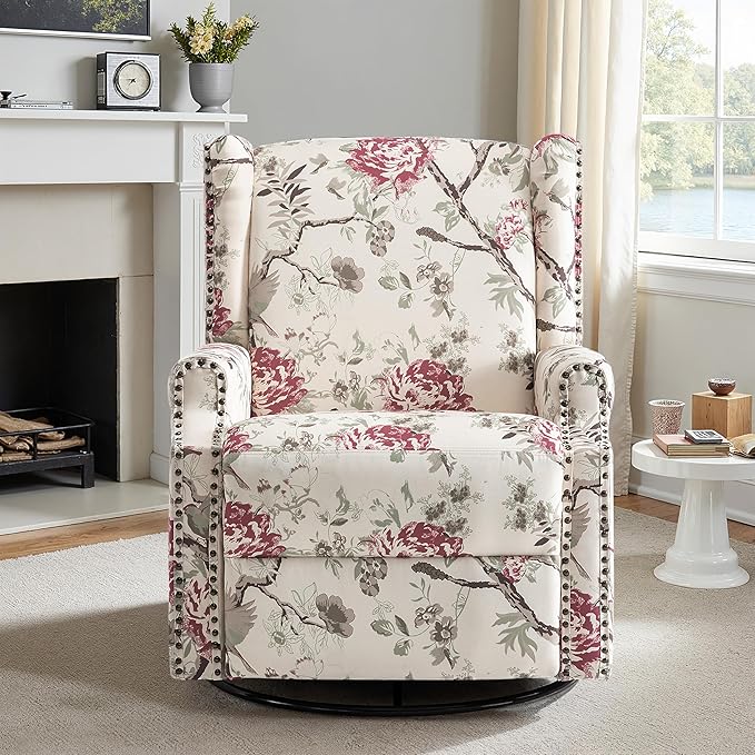 Lumibee Recliner Chairs Set of 2, 360° Swivel Rocker Recliner Chair with Footrest High Back, Comfy Upholstered Glider Rocking Chair for Living Room Bedroom (Plants Floral)