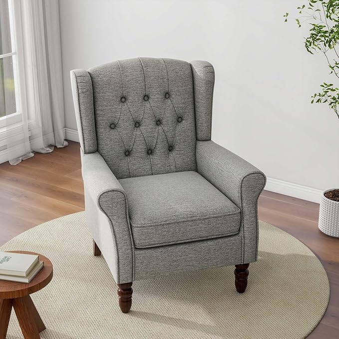Accent Chair, Upholstered Armchair with Button Tufted High Back & Solid Wood Legs, Comfy Wingback Reading Single Sofa Chair for Small Spaces, Living Room, Bedroom (Grey, Set of 1)