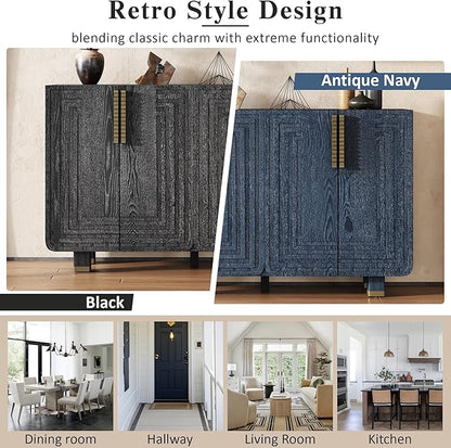 Merax Vintage Wood Storage Cabinet with Four Doors and Dark Gold Handles, Retro-Style Sideboard Buffet Cabinet with Adjustable Storage Shelves for Kitchen, Living Room, Dining Room, Hallway, Black