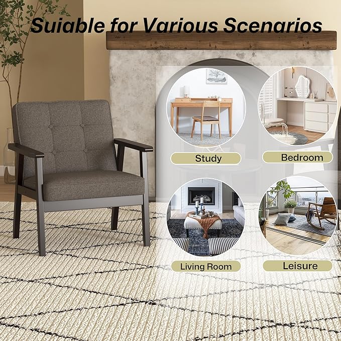 Modern Accent Chair with Arm Rest Set of 2, Upholstered Linen Fabric Leisure Chair Comfy Side Chair with Backrest Button and Wooden Frame for Living Room Bedroom Reading(Gray)