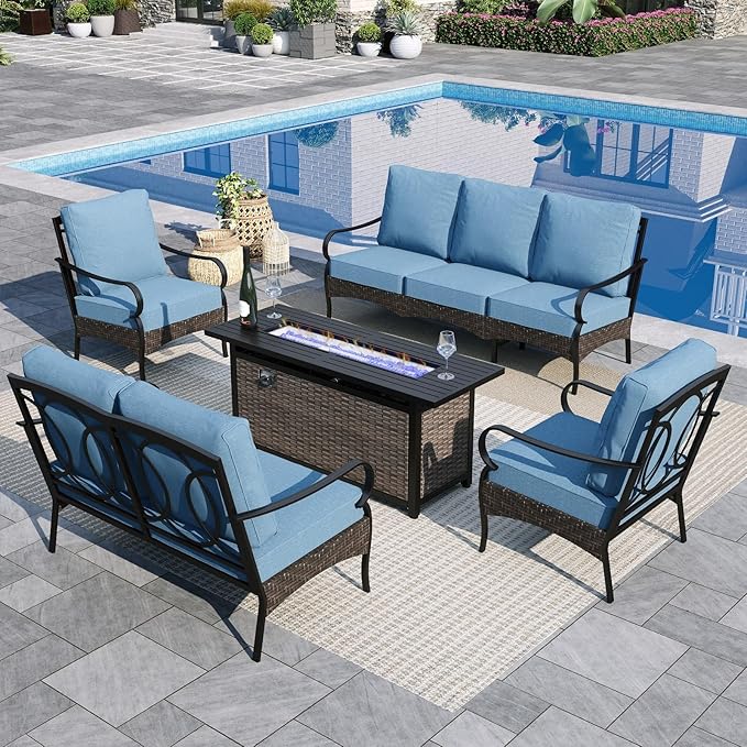 Sophia & William Patio Furniture Set with Fire Pit Table, 5 PCS Metal Outdoor Conversation Set with Fire Pit Table, 2 Sofa Chairs,1 Loveseat, 3-Seater Couch for Outdoor Seating, Backyard, Porch(Navy)