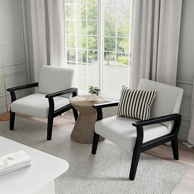 HNY Mid Century Modern Accent Chairs Set of 2 with Black Wood Frames, Linen Upholstered Living Room Arm Chairs for Living Room, Bedroom, Ivory