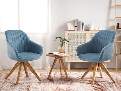 Zouron Mid Century Modern Swivel Accent Chair, Vanity Chair with Wooden Legs, Upholstered Arm Chair No Wheels, Accent Side Chair for Small Space Home Office Living Room Bedroom, Azure