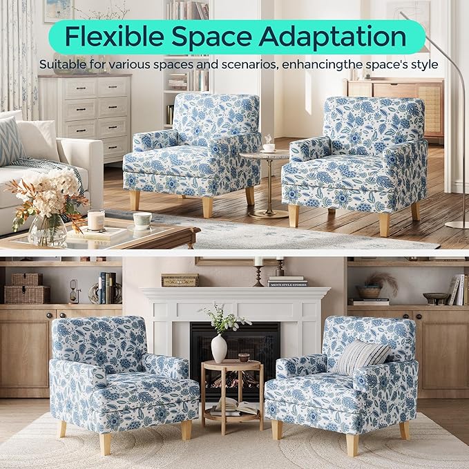 LINSY Floral Accent Chair, Large Armchair with Rubberwood Legs, Mid Century Upholstered Reading Chair, Comfy Oversized Single Sofa Chair for Living Room Bedroom Office Study, Floral Blue