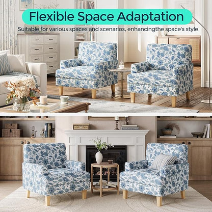 LINSY Floral Accent Chair, Large Armchair with Rubberwood Legs, Mid Century Upholstered Reading Chair, Comfy Oversized Single Sofa Chair for Living Room Bedroom Office Study, Floral Blue