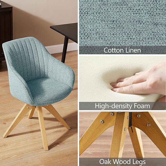 Zouron Mid Century Modern Accent Chair with Wooden Legs, Swivel Desk Chair No Wheels, Upholstered Side Armchair Vanity Chair for Small Space Home Office Living Room Bedroom, Light Blue