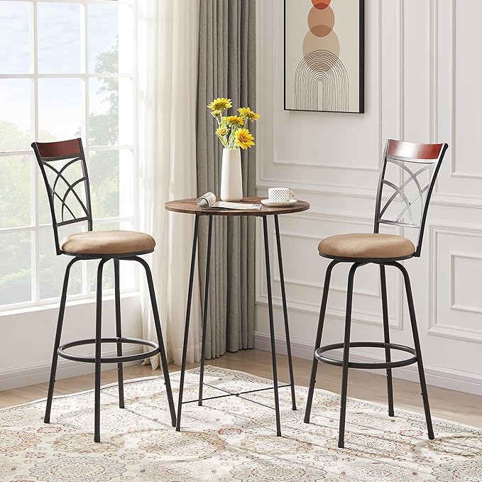 VECELO Bar Stools, 24/29" Adjustable Barstool,Swivel Counter Stool with Upholstered Seat,Steel Bistro Pub Chairs, Wood Top Backrest,Set of 2