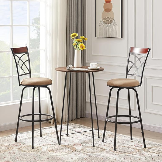 VECELO Bar Stools, 24/29" Adjustable Barstool,Swivel Counter Stool with Upholstered Seat,Steel Bistro Pub Chairs, Wood Top Backrest,Set of 2
